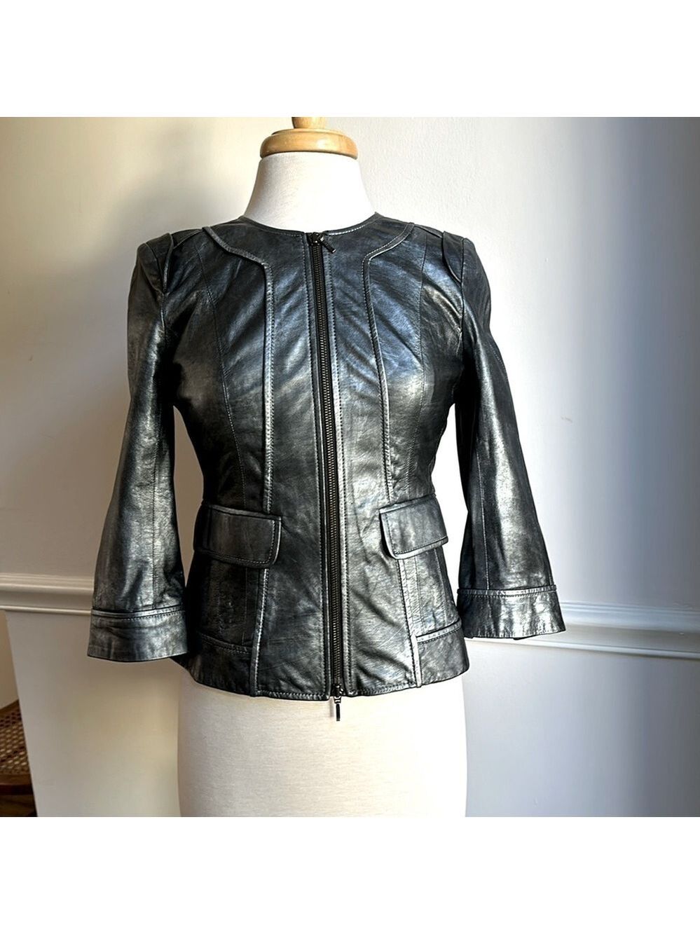 Rachel Roy Signature Gray Pewter Cropped Leather Jacket Size 0 EUC